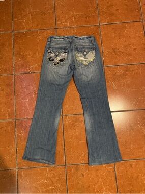 Miss Me Blue Denim Flare Jeans with Embellished Butterfly Pockets